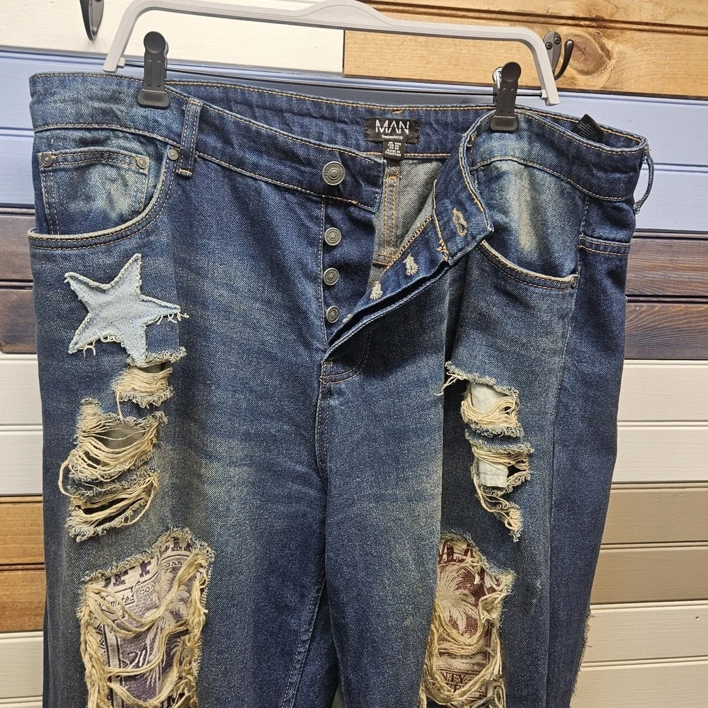 Boohoo Man‎ Ultra Wide Leg Y2K Jeans 40 x 33 Baggy Skater Patches Distressed